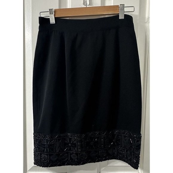 Vintage Dresses & Skirts - Vintage EREZ Black Wool Pencil Skirt Long with Back Slit Size 8 Beaded Leather